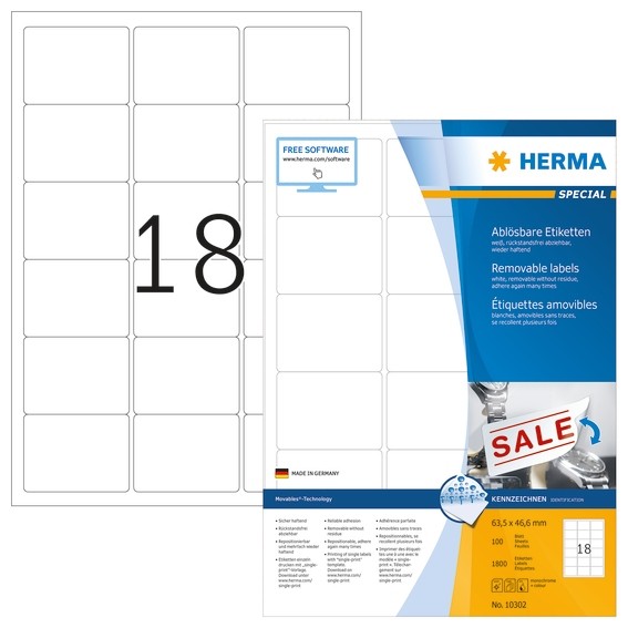 Herma 10302 AblöSbare Etiketten A4 63,5X46,6 Mm Weiß Movables/AblöSbar Papier Ma-image