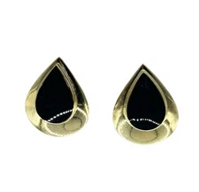 Vintage Gold Vermeil 925 Black Onyx Teardrop Clip on Stud Earrings Signed