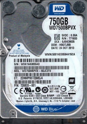 western digital wd7500bpvx-60jc3t0 dcm: hbotjbb wxk1a 750gb