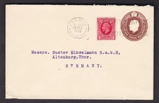 London Laughland Mackay & Co embossed private 1½d stationery envelope + 1d 1936