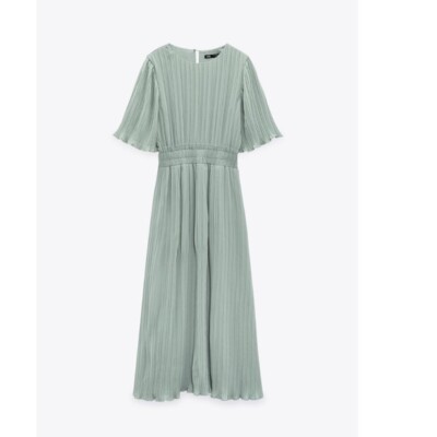 pleated dress zara green PLEATED MIDI DRESS - Lime green