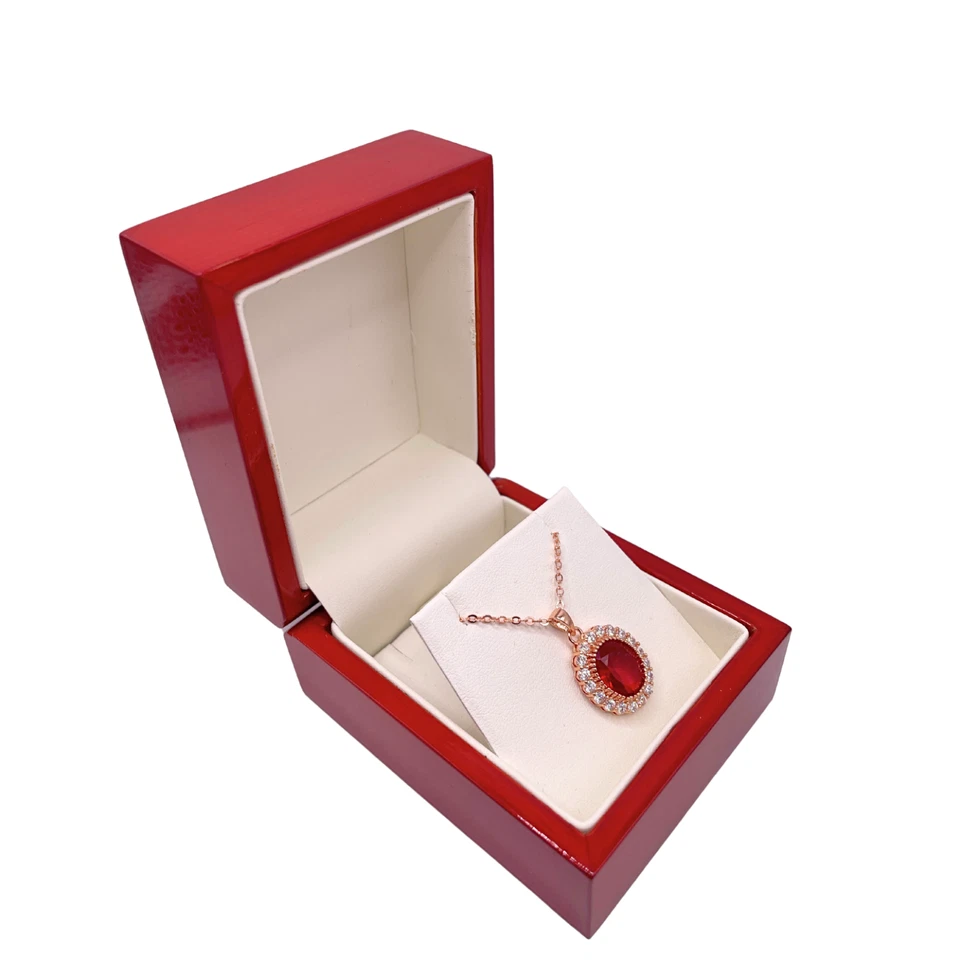 ROSE GOLD FINISH Created Diamond Red Ruby Oval Cut Cluster Pendant Necklace - Image 4 of 4