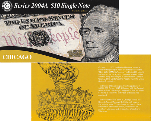 2004 A $10 Chicago District 3 Digit Serial # GG00000498A & BEP Display Card - Picture 1 of 3