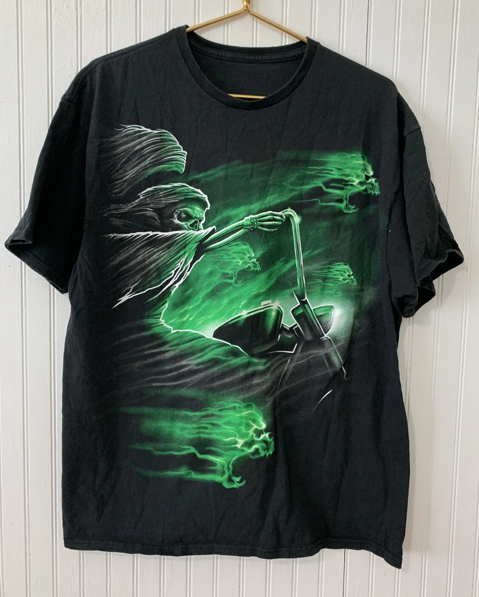 Black shirt with green flames 2025