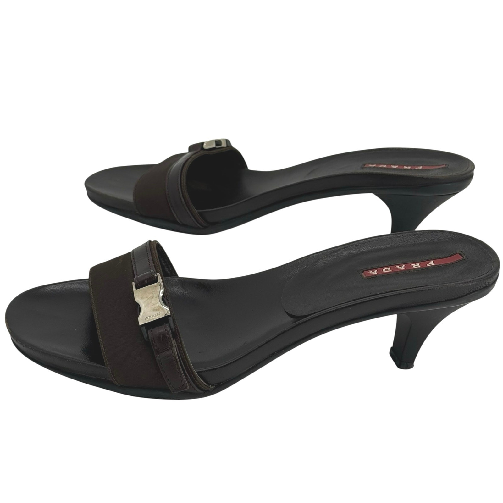 Prada Y2K Vintage Chocolate Brown Black Kitten Heel Mules Sz EU 38
