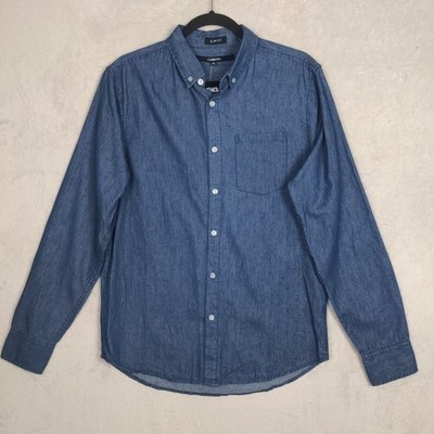 NWT Carbon Button Up Shirt Men Medium Blue Chambray Cotton Arrow Print Office