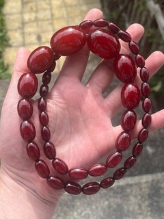 Vintage Phenolic Cherry Amber Bakelite Bead Necklace Faturan 84.2 Gram Marbled