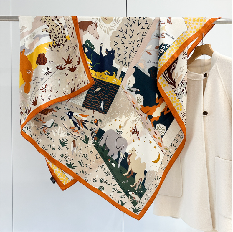 70% Cashmere 30% Silk Wrap Scarf Cartoon Print Double Face Print Shawl 135X135cm