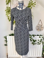 Austin Reed Navy & White Print Dress Stretch Midi Workwear Dress Size 10