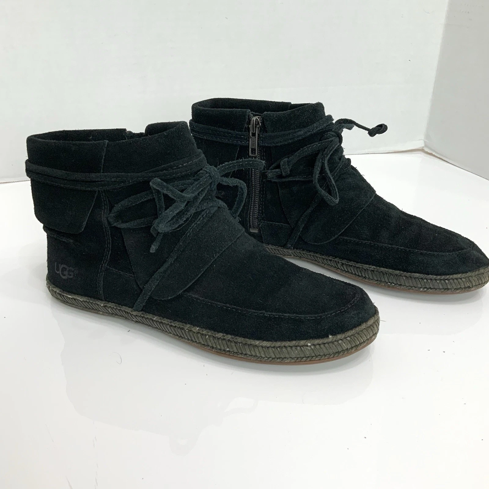 Stivaletti mocassini mocassini imbottiti UGG taglia 8 Reid neri scamosciati cravatta zip tacco pelliccia