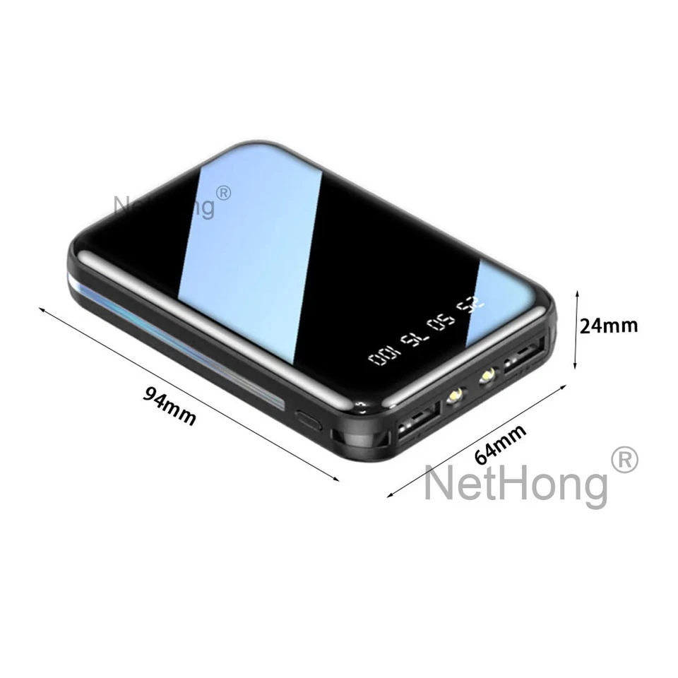 Mini Powerbank 6500mAh 2.1A, 2x USB A, 1x USB C, Power Bank Nero con Cavo - Immagine 3 di 4