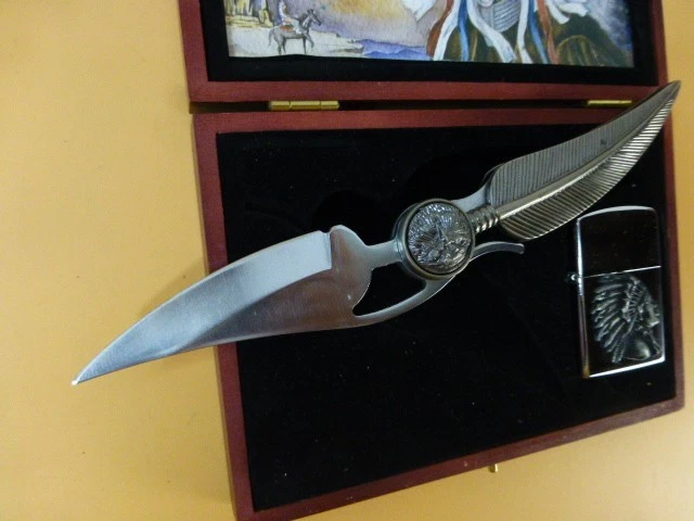 Juego de cuchillos y encendedores de plumas de acero inoxidable nativos americanos en caja de madera (NUEVO) Foto 4 de 4