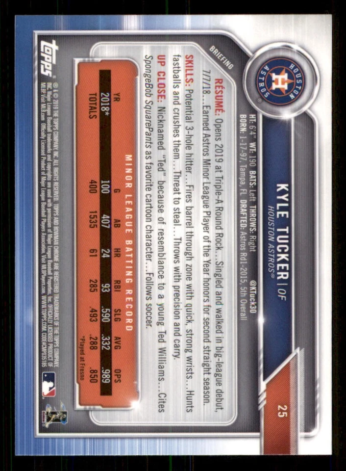 2019 Bowman Chrome #25 Kyle Tucker RC - Image 2 of 2