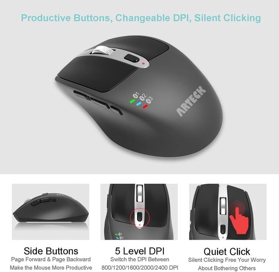 Arteck Multi-Device Wireless Bluetooth Mouse Ergonomic Silent Clicking... - Image 3 of 4