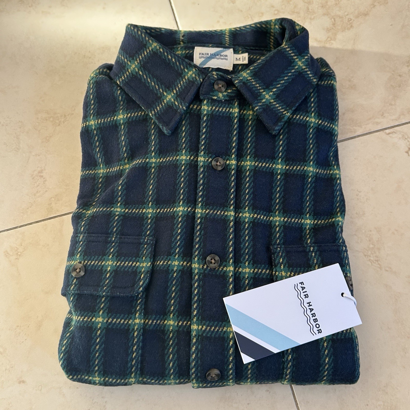 Fair Harbor Shirt Men Medium Green Plaid Dunewood Flannel Button Stretch Pockets