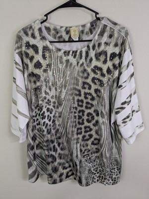 Jess & Jane Blouse Women's Large Beige 3/4 Sleeve Sequins Casual Boho