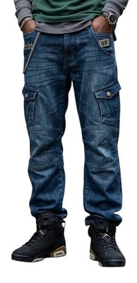 Peviani Herren Cargo Jeans Baumwolle Knopf Fly Freizeit Arbeitskleidung Utility