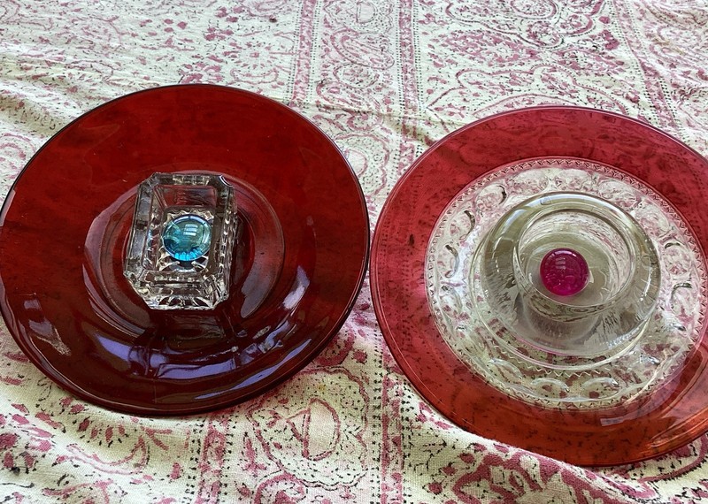 Pair Of Small Red Glass Garden Flowers