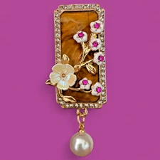 FLOWER SPRIG & FRAME pearly brooch with rhinestones & hanging bead floral pin E6