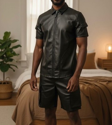 Men Real Black Leather Shirt Shorts Set Cargo Outfit Genuine Leather Suit Sleeve