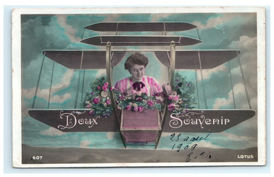 Woman Fantasy Doux Souvenir Bi-Plane Floral RPPC Postcard - Tinted