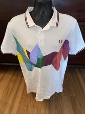 Fred Perry Short Sleeve White Twin Tipped Abstract Polo Shirt Mens Size XL