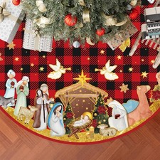 Nativity Christmas Tree Skirt 48 Inches Jesus Christmas Decorations Mat Red a...
