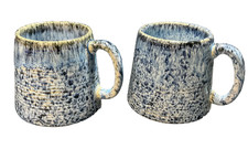 Barcela Portugal Handmade Stoneware Art Pottery 2 Large Mugs Blue Speckled 3.5 H
