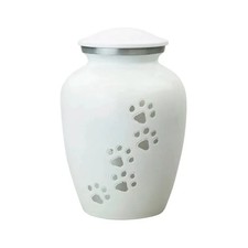 White Pet Urn with Silver Paw Prints   Large Dog  Cat Cremation Urn