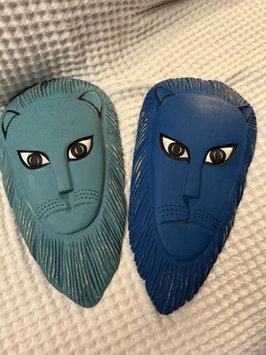Extremely Unique Lion Wooden Figure Heads Set If Two Blue & Teal 12  Tall
