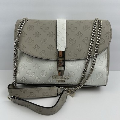 GUESS Peony Classic Convertible Crossbody Handbag Grey White Logo Flap