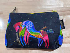 Laurel Burch Black w/ Multicolor Horses Graphics Canvas Cosmetic Zip Pouch 8.75"
