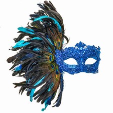 Blue Mardi Gras Peacock Feather Mask for Carnival and Masquerade