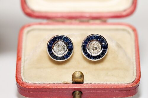 New Made 18k Gold Natural Old Cut Diamond And Caliber Sapphire Solitaire Earring