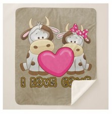 I Love Cows Cute Cartoon Cow Pair With Heart Brown Sherpa Fleece Throw Blanket