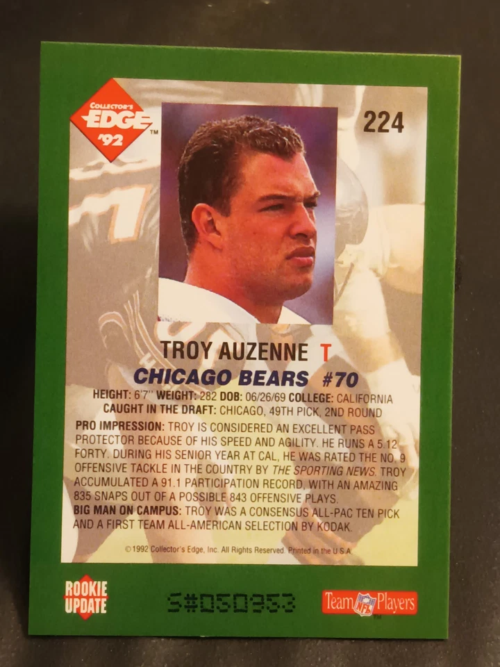 1992 Collector's Edge ⭐Limited Print #050953⭐#224 Troy Auzenne (RC) 🐻Bears🐻 - Image 2 of 2