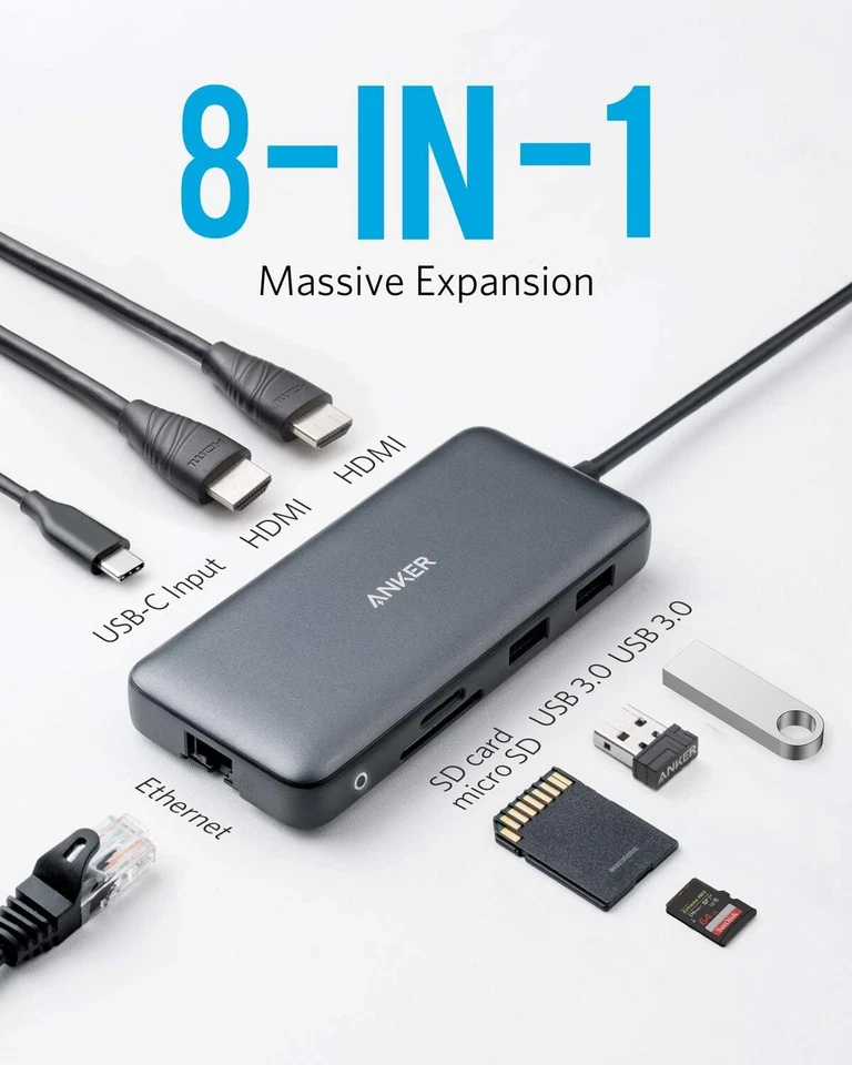 Anker 553 USB-C Hub 8-in-1 Dock Dual 4K HDMI Ethernet 100W PD Adapter for Mac - Image 2 of 4