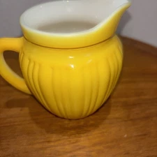 Hazel Atlas YELLOW MILK GLASS Mini 4” Pitcher, Ribbed