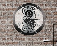 50333 Wanduhr Industry Metall Glas schwarz silberfarben m sich bewegenden Rädern