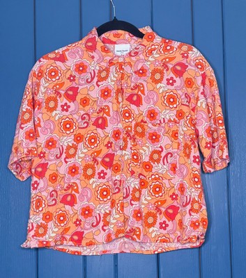 Pink Orange Floral Linen Blend Button Down Cropped Shirt Small Flower Power Boho