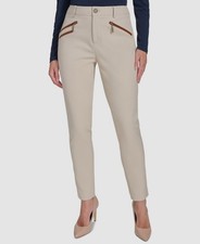 Tommy Hilfiger Women's Beige Khaki Mid Rise Faux-Leather-Trim Ankle Pants Size-6