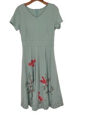 womesn dress Mint Green Embroidered Bird floral V-Neck Midisize small knit