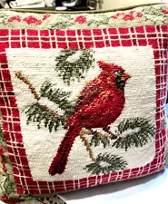 Red Cardinal Throw Pillow Tapestry 12x12 Velvet Back Vintage Christmas