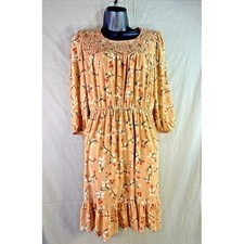 Luna Cottagecore Floral Smocked Midi Dress Medium Tan Prairie Boho Romantic