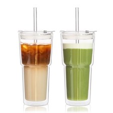 2PCS 20oz Double Wall Glass Tumblers with Lids and Straws Insulated Borosil...
