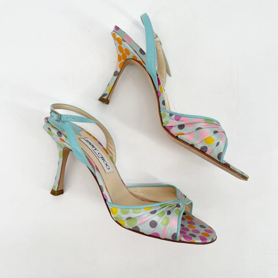Vintage Y2K Jimmy Choo Multicolor Polka Dot Satin Slingback Peep Toe Heels IT 37 - Image 3 of 4