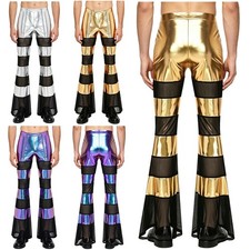 Men Flared Pants Metallic Shiny Bell Bottom 70s Trousers Festival Halloween