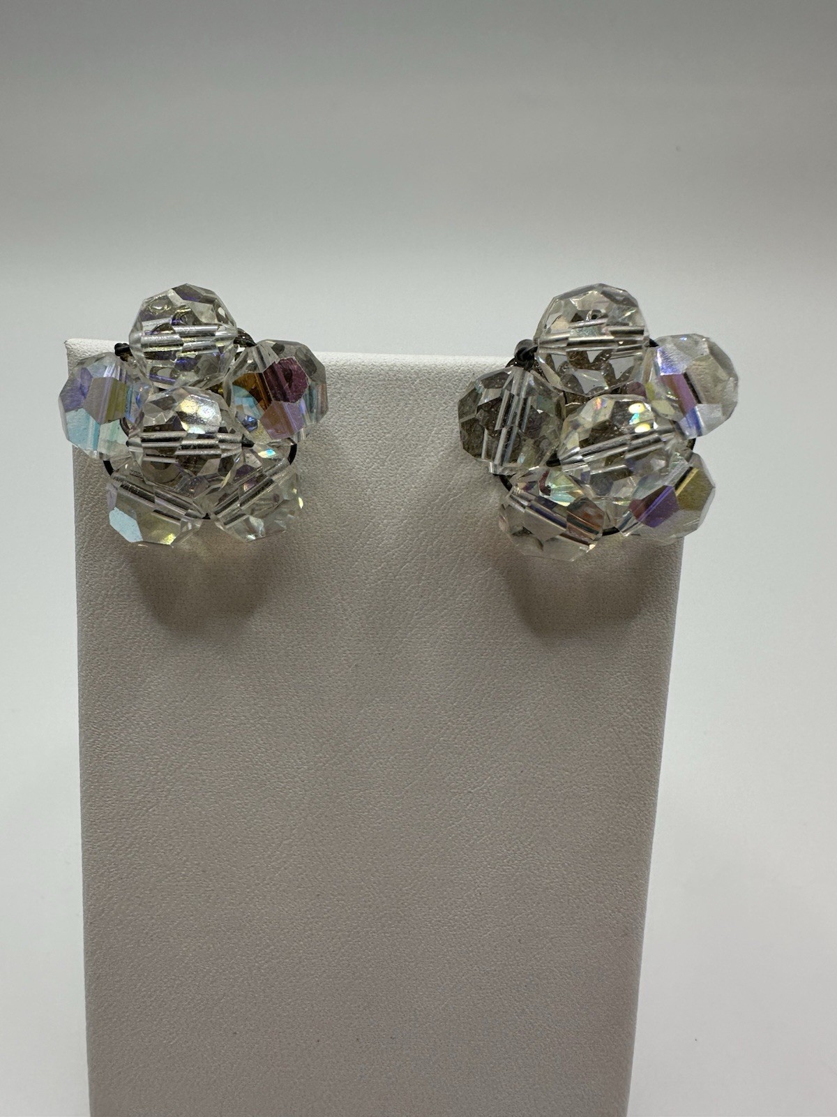 Vintage Aurora Borealis Glass Crystal Faceted Bead Cluster Clip On Earrings