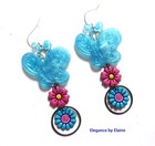 Blue Butterflies Flower Drop Earrings Statement Handmade Colorful Garden FUN — photo 3