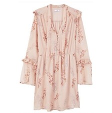 MNG Pink Floral A-Line Short Dress V-Neck Bell Sleeve Button, Size L